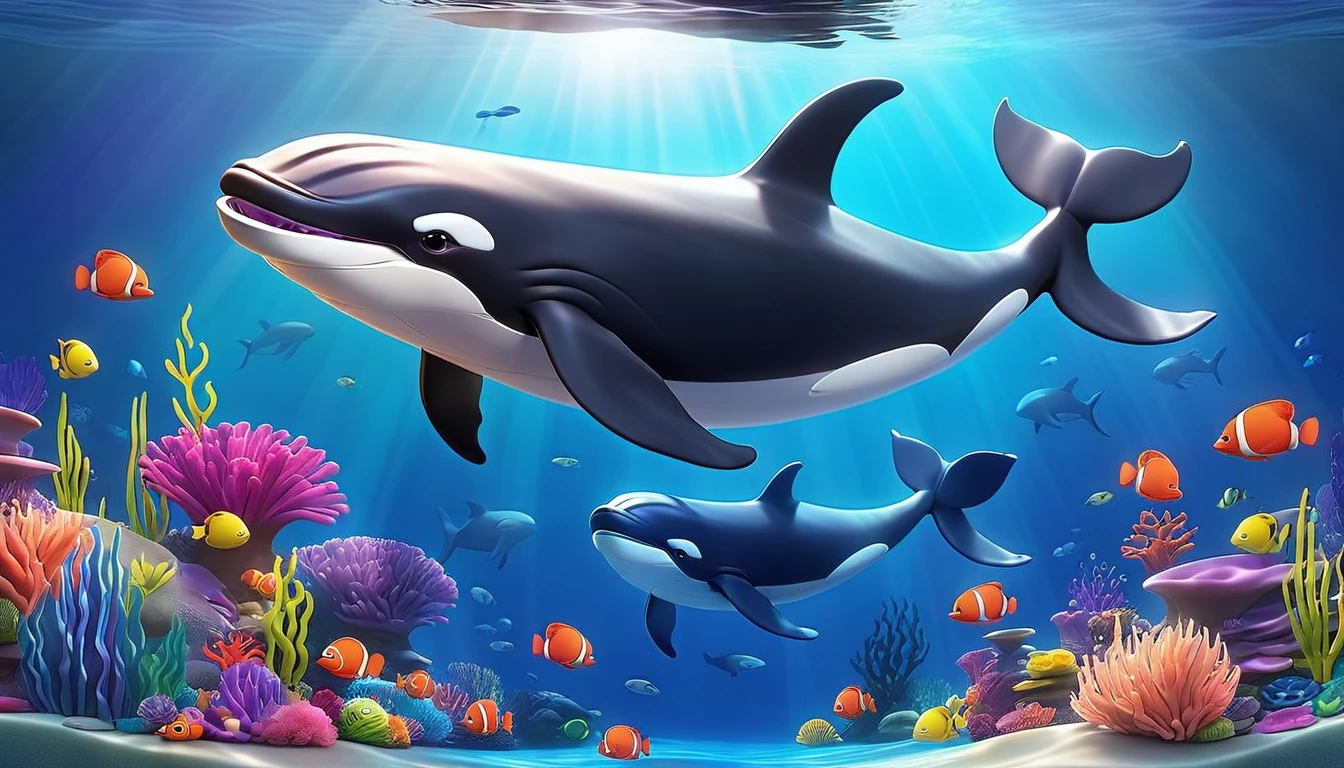 Create a 3-D Pixar style art scene for kids featuring a baby whale swimming alongside its mother whale. The scene should be colorful and vibrant, with an ocean background, coral reefs, and schools of fish. The overall mood should be engaging and inviting for young children.