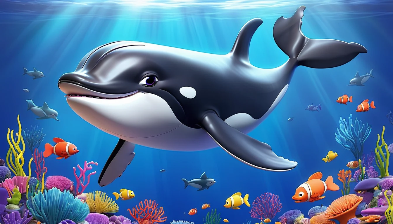 Create a 3-D Pixar style art scene for kids featuring a baby whale swimming alongside its mother whale. The scene should be colorful and vibrant, with an ocean background, coral reefs, and schools of fish. The overall mood should be engaging and inviting for young children.