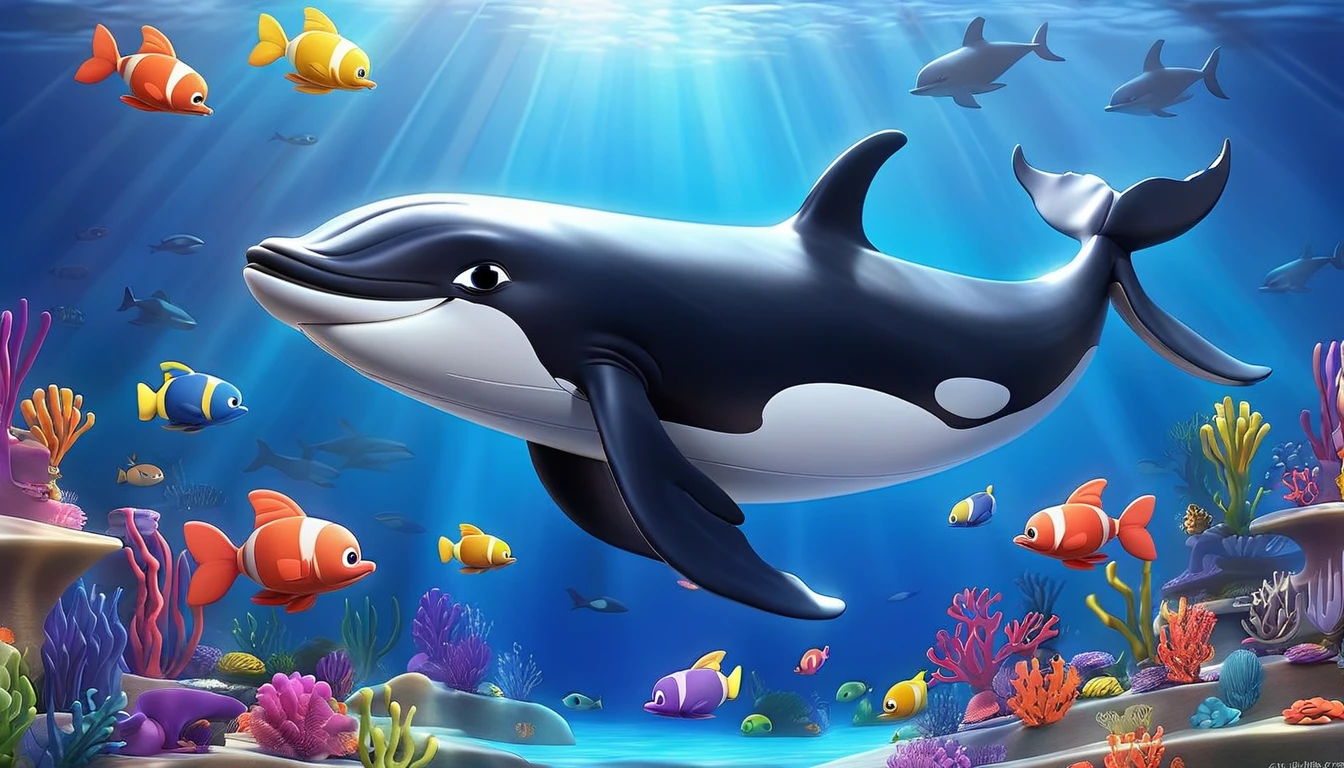 Create a 3-D Pixar style art scene for kids featuring a baby whale swimming alongside its mother whale. The scene should be colorful and vibrant, with an ocean background, coral reefs, and schools of fish. The overall mood should be engaging and inviting for young children.