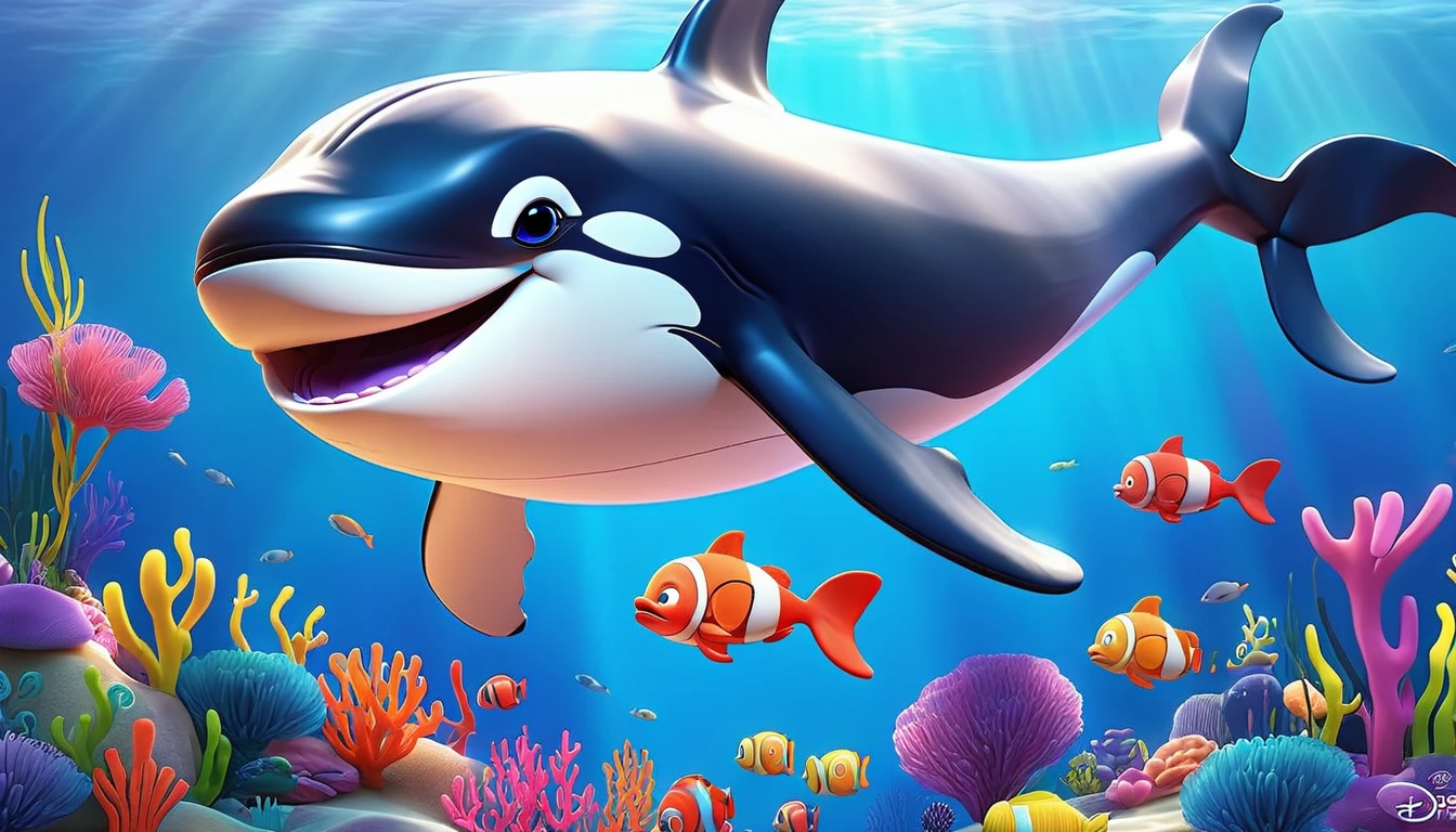 Create a 3-D Pixar style art scene for kids featuring a baby whale swimming alongside its mother whale. The scene should be colorful and vibrant, with an ocean background, coral reefs, and schools of fish. The overall mood should be engaging and inviting for young children.