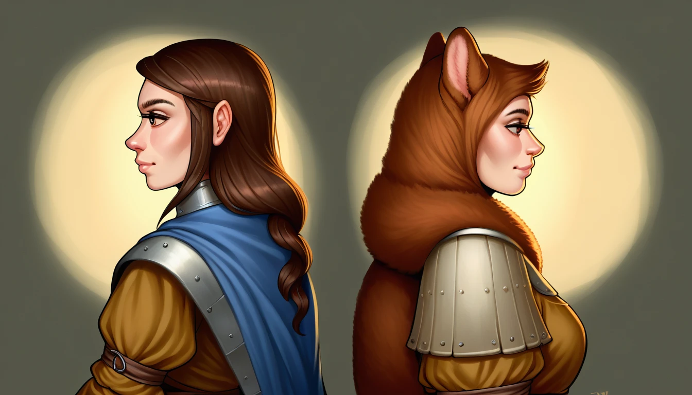 score_9, 2others, backtoback,back to back, back_to_back,
((tabaxi:1.2), anthro, female, (standing, portrait, focus, side_view), ((brown fur, ears, tail)), (wearing medieval clothes), beautiful,
((human:1.2), male, (standing, portrait, focus, side_view), (wearing medieval clothes), beautiful