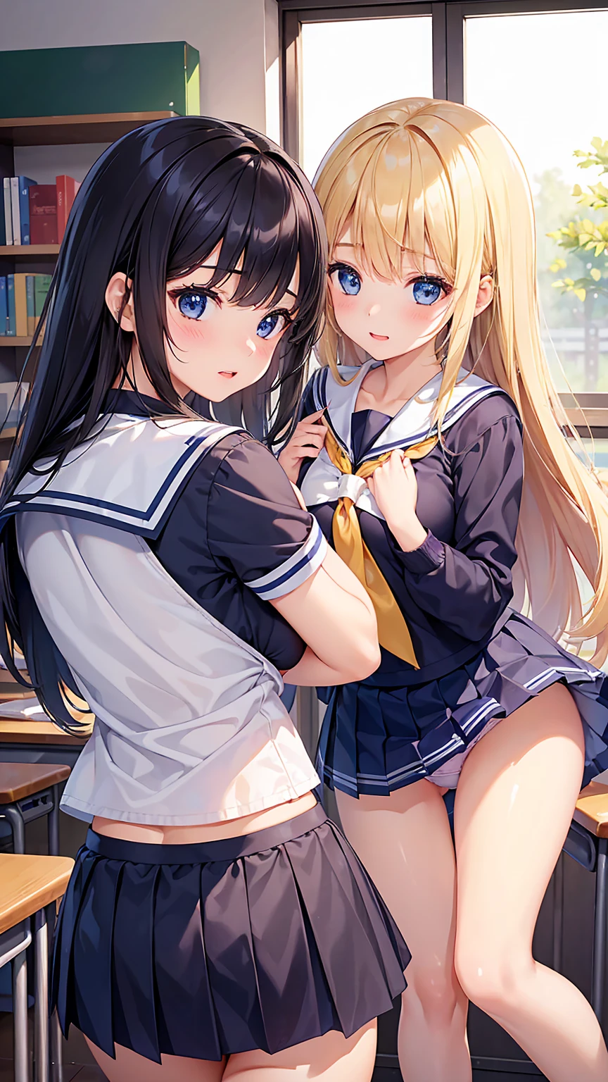 ((Highest quality、High resolution))、(((Two Girls))), Portraiture、beautiful girl、Perfect body、Beautiful and bountiful breasts、classroom、high school girl、Sailor suit、Embarrassing、((Please lift your skirt and show me your panties))、Cute Panties、I'Seduce you