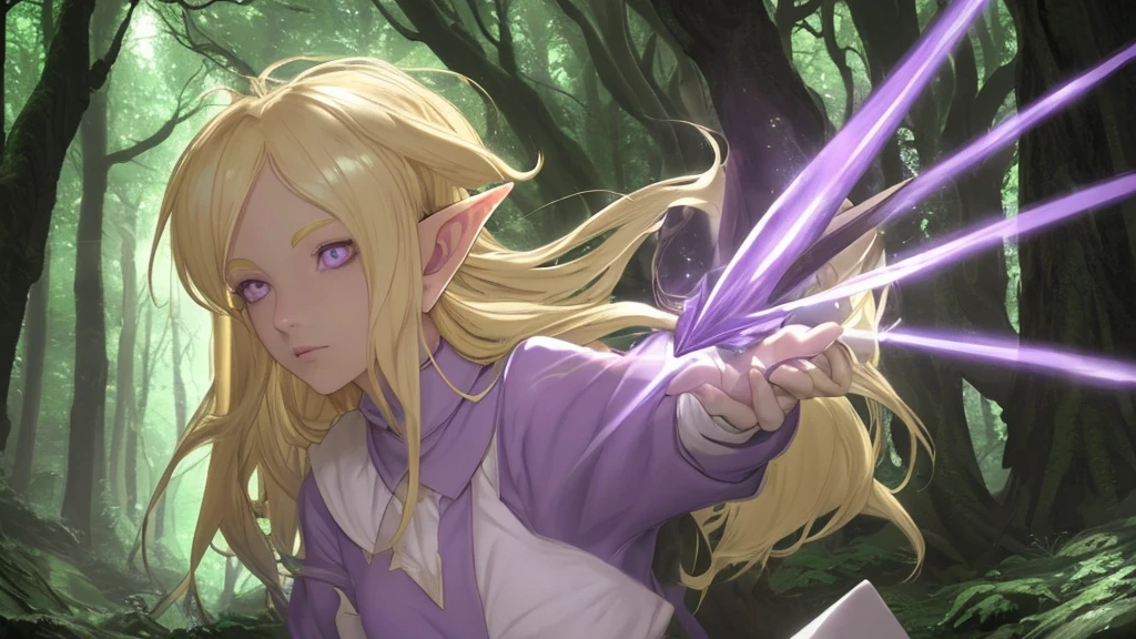 elf ears, Blonde hair, 26 years old, purple eyes, simple staff, Forest Settings, Radiates immense magical power