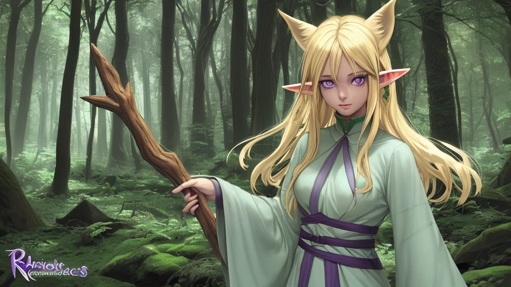elf ears, Blonde hair, 26 years old, purple eyes, simple staff, Forest Settings, Radiates immense magical power