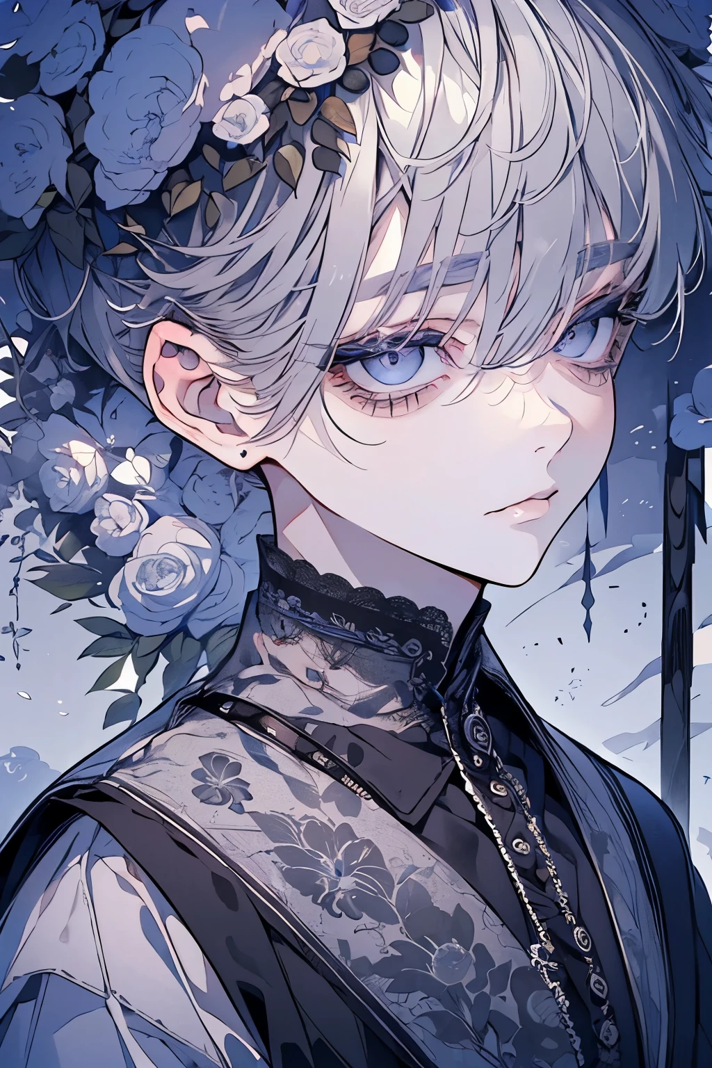 (Mastepiece), (Best Quality), Very detailed, 1 boy, Solo Shooting, Perfect Face, Beautiful Face, Very detailedな顔,(Grey Hair:1.3),(short hair:1.4)、(Big eyes:1.4),(Long eyelashes:1.4)、(Grey Eyes:1.3)、Black clothes、Lots of flowers、petal