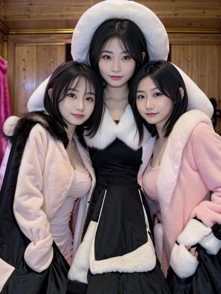 fluffyの毛皮。fluffy。Three girls seducing with erotic facial expressions Fur、Luxurious fur、Seductive expression、winter、Heavy coat、winter物のコート((gorgeous))(((Pair of women、Pink feminine room、Beautiful black hair)))。((dress、Fluffy carpet、Fur Cape))。Fisheye Lens。
