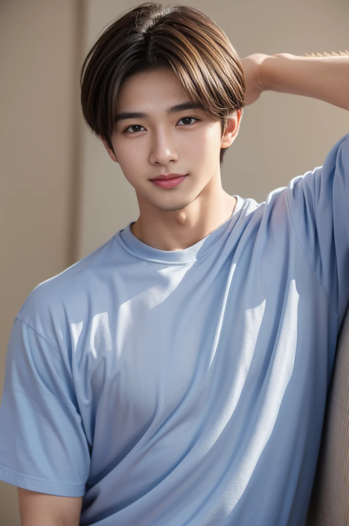 male handsome 20-year-old handsome shirt guy,looking to the camera,frontage,high qulity,tmasterpiece,8K.4K,1080P,Light-sensitive, ยิ้ม, ,มุมกว้าง