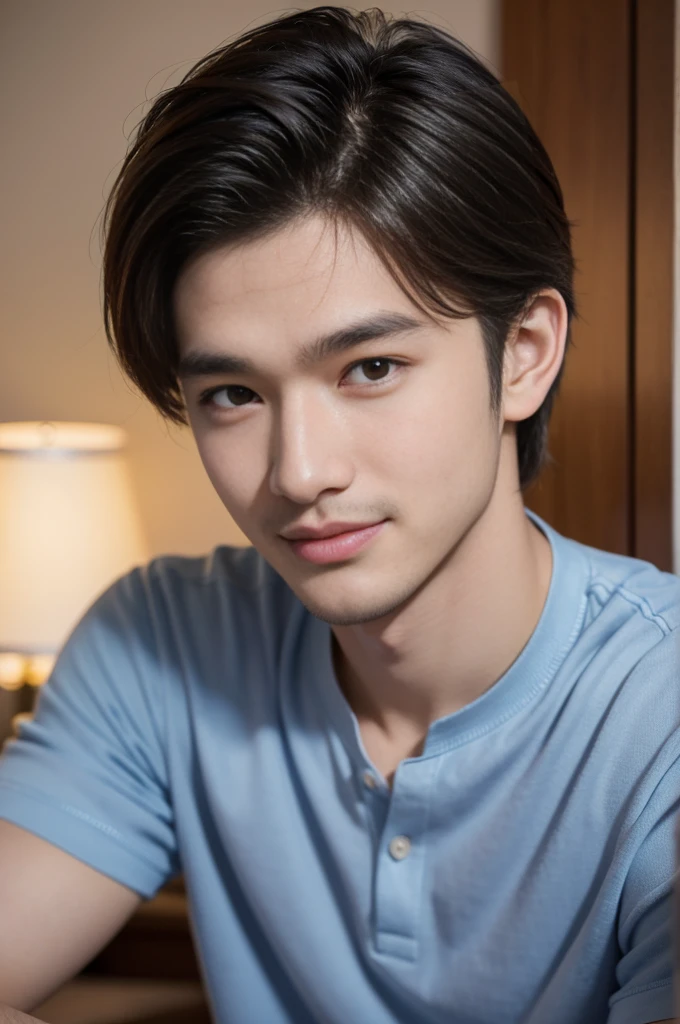 male handsome 20-year-old handsome shirt guy，looking to the camera，frontage，high qulity，tmasterpiece，8K.4K,1080P，Light-sensitive, ยิ้ม, ,มุมกว้าง