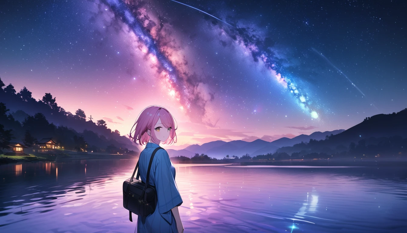 (1 girl), (Best Picture Quality, 8K, Masterpiece:1.3), (high school student:1.5), ((pink lob hair:1.1)), (bob cut), (swept bangs), (cute eyes, pupil black, iris skyblue, youthful face), (mole under right eye), (standard weight), (small breasts), (glistening skin:1.1), (pale skin:1.2),BREAK,((yukata decorated with stars and galaxies)), ((magical glow of light enveloping the yukata)), (standing by a riverbank under a starlit sky with the Milky Way visible), (bamboo trees with colorful tanzaku swaying in the breeze), (Fluorescent:1.3), (picturesque landscape with rolling hills, quaint village, and floating islands in the sky), (ethereal mist and shimmering lights), ((magnificent view)),(Sparkling magic effect:1.5),(milky way:1.3)