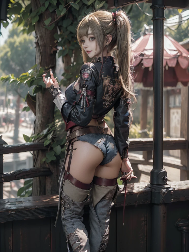 (Full body:1.4)、(Full Body View:1.4)、(Back view:1.4)、(Smiling with teeth showing:1.3),(Shibuya Gal:1.5)、(Beautiful:1.5)、(Punk RockVisual Kei:1.4)、(Burgundy denim with khaki and brown medieval tattered zip up:1.5)、(Wine red arm covers and tattered bugle pants:1.5)、(Wine red high heels:1.3)、(Wearing silver accessories:1.5)、(Dark brown collar:1.4)、(Leather garter belt:1.4)、(Red skin belt:1.3)、(Red lace underwear:1.5)、20-year-old、NSFW、((Highest quality、In 8K、masterpiece:1.3))、Sharp focus:1.2、(Layered Cut、Huge boobs:1.1),Beautiful woman with perfect figure:1.4、(Doing an aerobics pose:1.3)、Slender Abs:1.2、Highly detailed face and skin texture、Detailed eyes、double eyelid,(Twin tails:1.3)、(Brown-golden hair:1.3)、Gravure idol、(A fairytale-like cafe with a lush tree background:1.3)、(Slim body:1.3),(Make your legs thinner:1.4),(Thin, thin thighs:1.3)、（clavicle:1.1）