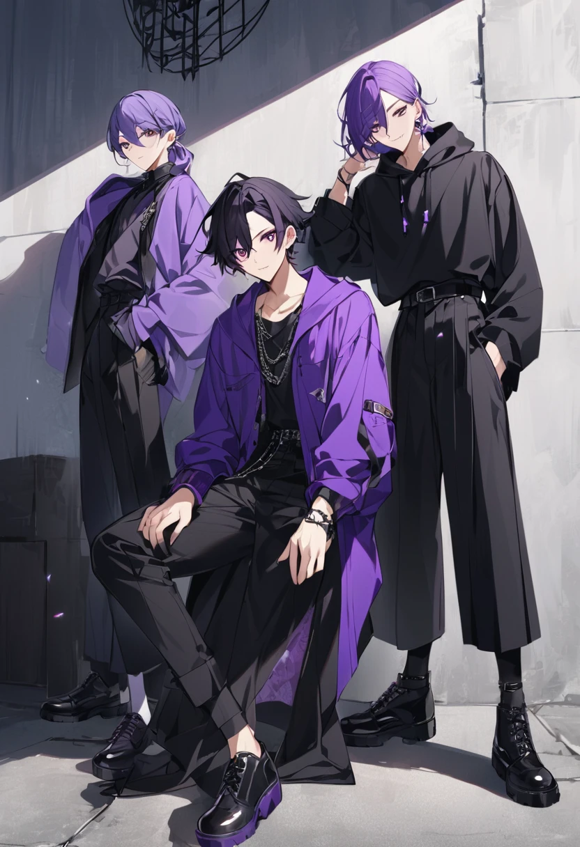 Keito。Purple hoodie。Black Skirt。The man wears black trousers。Purple Eyes。Purple Hair。Black shoes下。Black shoes。Purple HairのPurple Eyesの男の変装