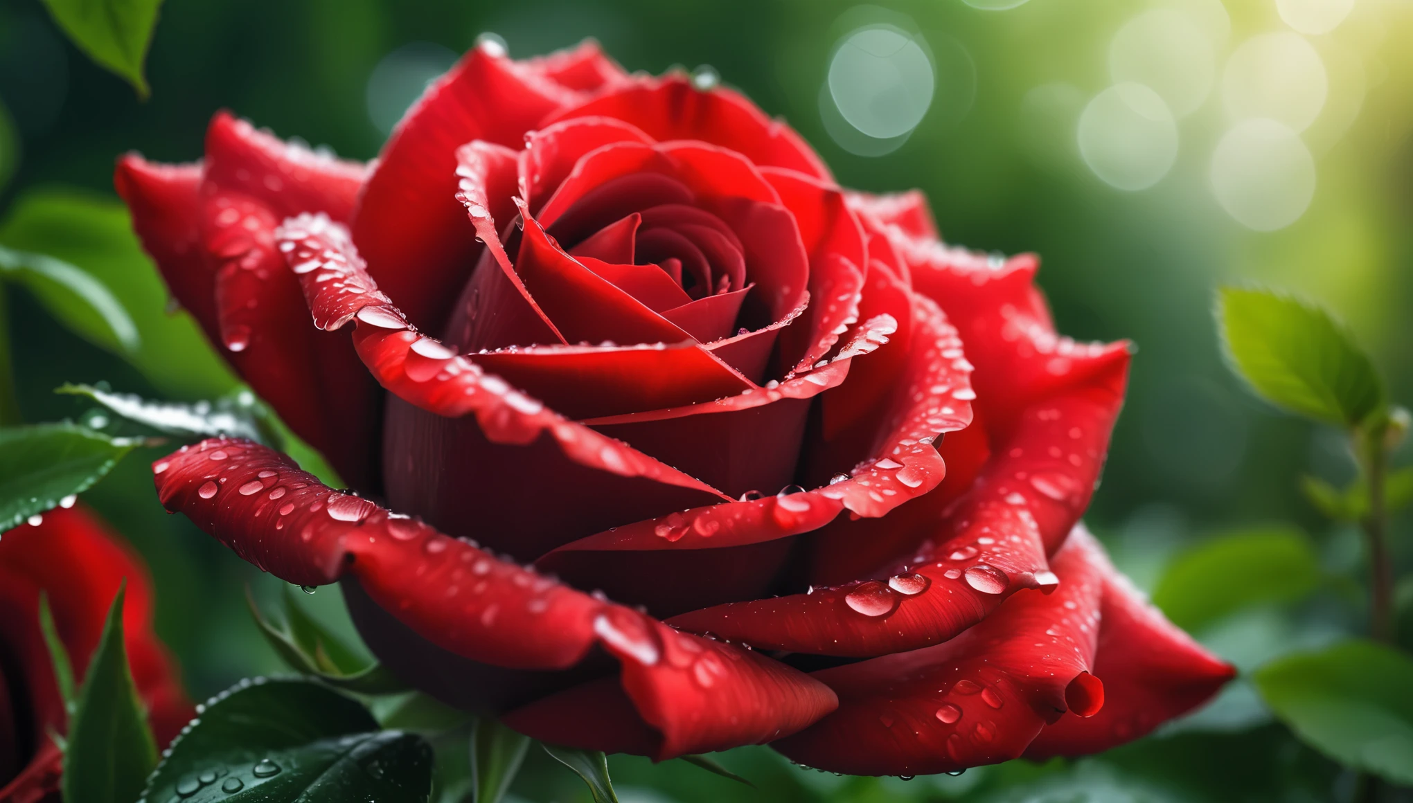 Close-up of vivid red roses centered in the frame, dew drops on flower petals, soft focus on surrounding lush green foliage, defocused background creating a bokeh effect, nature's palette in full display, natural light, ultra fine details, digital painting