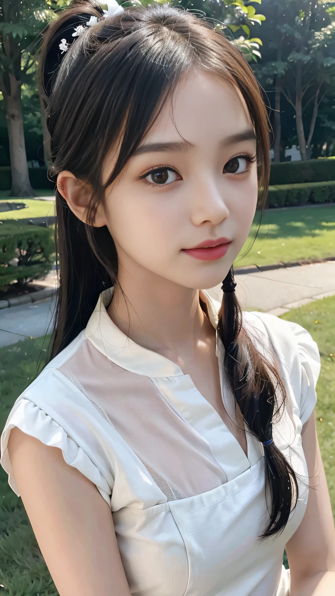 collared dress,european city park,On the lawn,One woman,masutepiece, The highest image quality, High quality, the background is clear,Beautiful woman, Japanese,Ultra-detailed, finely detail, hight resolution, 8K Wallpaper, Perfect dynamic composition, Beautiful detailed eyes , Detailed, Detailed eyes, Detailed skin, Beautiful skin, 超hight resolution, (reality: 1.4),Very beautiful woman, Slightly younger face, Beautiful skin, slender, (Ultra photo realsisim), (hight resolution), (8K), (Very detailed) (beautifully detailed eyes), (super detailed), (Detailed face), view the viewer, Fine details, Detailed face, Staring straight ahead, Staring straight ahead, photos realistic, Bright lighting, Professional Lighting, Black hair,poneyTail,a baby face,sixteen years old,Hairstyle: ponytail,Long ponytail hairstyle,slight smile,neat and tidy clothing,Beautiful Japanese KPOP idol photo, hair style is ponytail, my eyes are double and wide, baby face, smile and look straight ahead, slender, small breasts,Close up face,