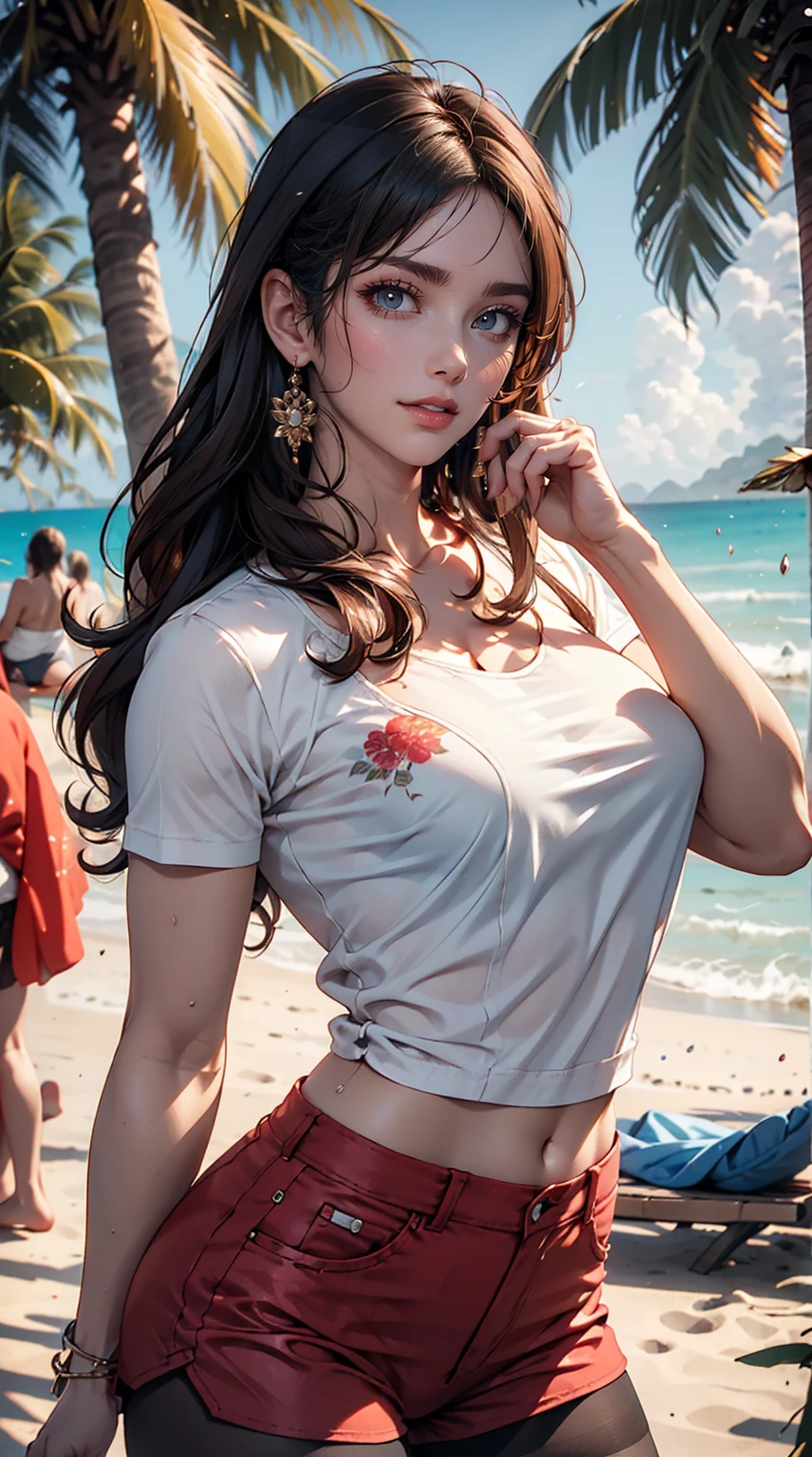 alone, whole body,Earrings, eyelash, pantyhose,, (Beach,(Palm tree),crowd,(White shirt), Floral print,Red lips),Sexy and provocative smile,, (Shiny skin:1.05),(blush:0.9),(Skin dents:1.15),Realistic, masterpiece, Highest quality, High resolution,Absurd, (Perfect Face:1.1), (Sharp focus:1.1),, Trending on artstation, Trending on CGSociety, Complex, Attention to detail, Sharp focus, dramatic,