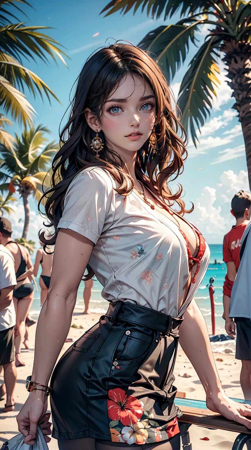 alone, whole body,Earrings, eyelash, pantyhose,, (Beach,(Palm tree),crowd,(White shirt), Floral print,Red lips),Sexy and provocative smile,, (Shiny skin:1.05),(blush:0.9),(Skin dents:1.15),Realistic, masterpiece, Highest quality, High resolution,Absurd, (Perfect Face:1.1), (Sharp focus:1.1),, Trending on artstation, Trending on CGSociety, Complex, Attention to detail, Sharp focus, dramatic,