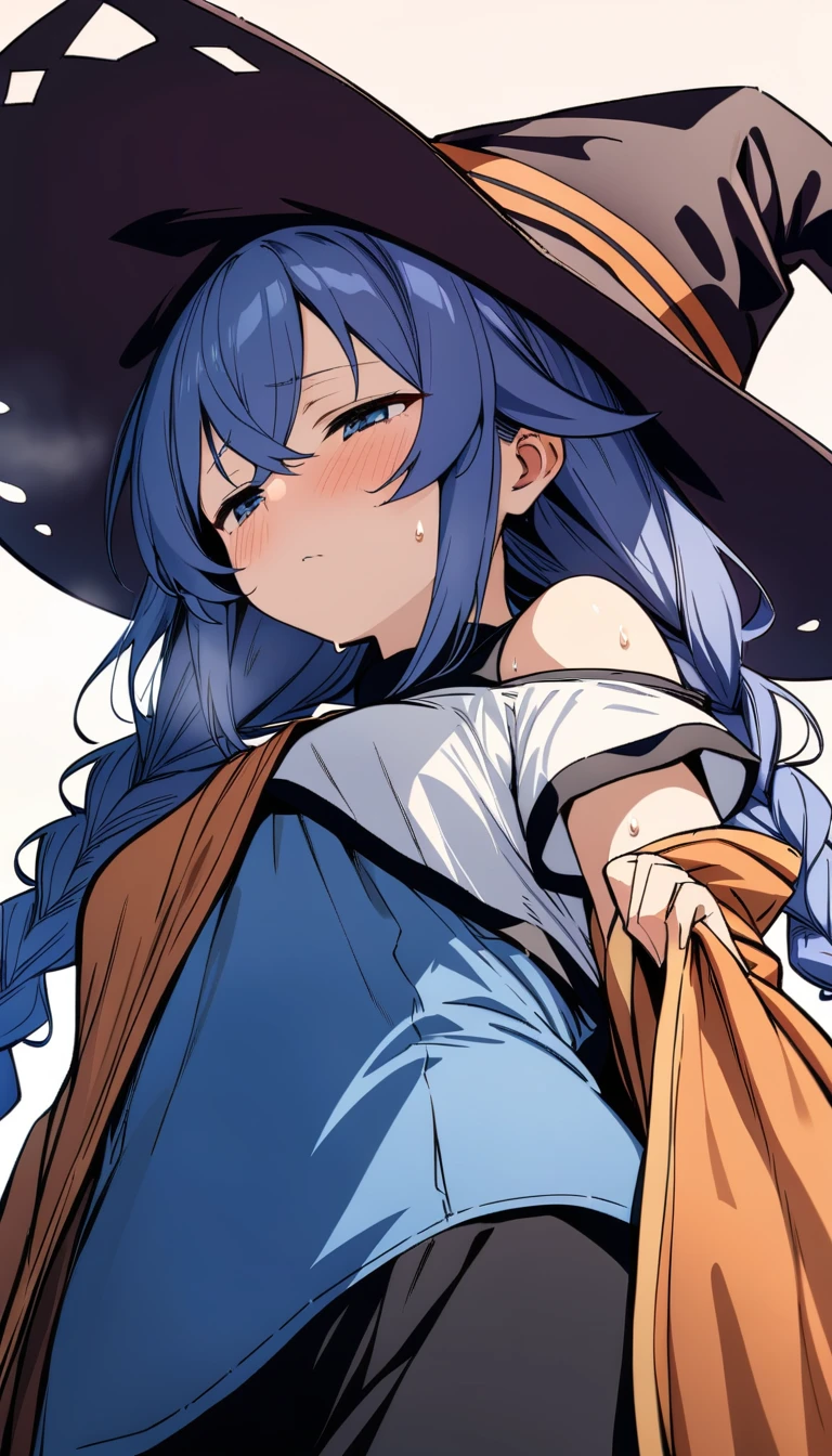(masterpiece:1.2), Hyper Detail, Highest quality, (Complex_detailed:1.1), Beautiful details, Beautiful Hair, alone,One girl,alone,Roxy Migurdia, Witch Hat, Blue twin braids,Brown cape, shirt,((shirt half off shoulder)),shoulder,Upper Body,Hand holding a cape, sweating,Heavy breathing,vapor,blush,((Open Cape)),greasy shoulder,Half-closed eyes,((From below)),Look down,Reverse hair,Underarm,greasy Underarm, shoulder focus,