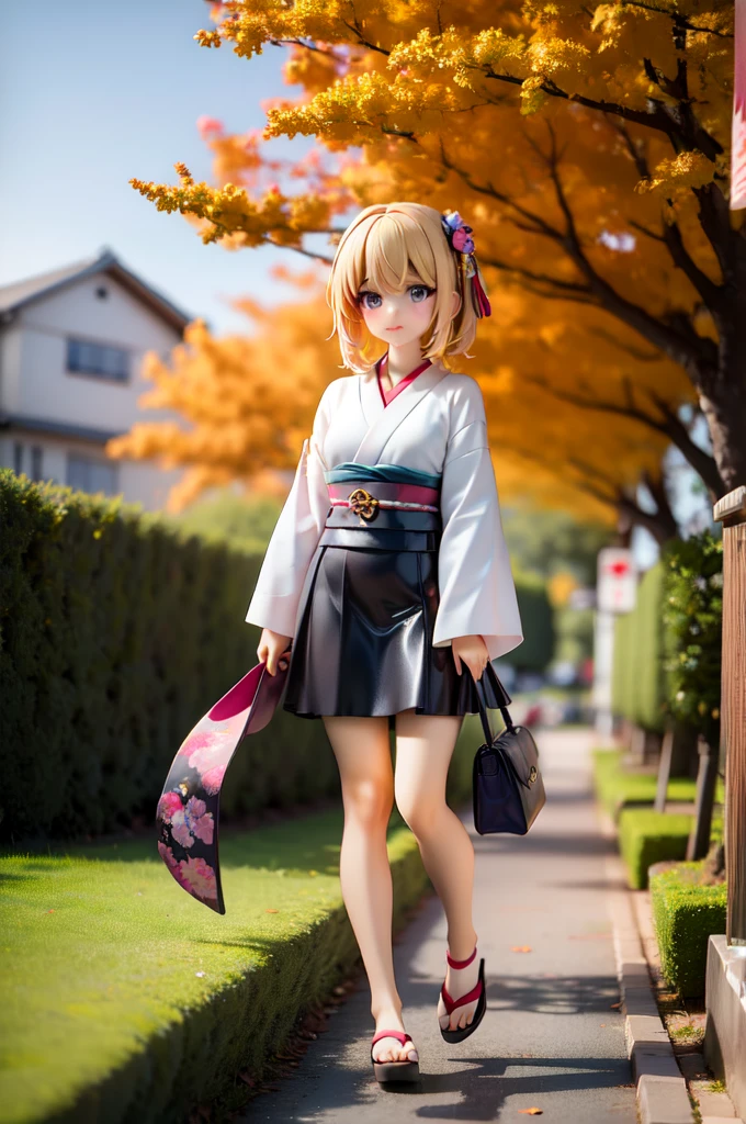 1girl,evil smile, himiko toga,blonde hair,yellow eyes, hold a cutter, white japanese kimono, painted with red polka dots, facing viewer,looking at viewer,good hand,good finger,masterpiece,extremely detailed, full body, black skirt