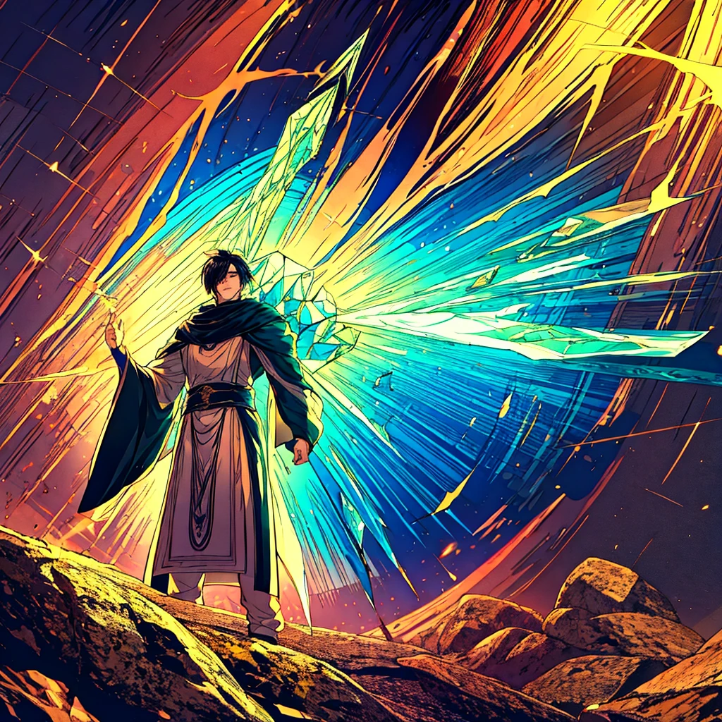 a male mage with short black messy hair, manipulating crystals while standing with his back to the viewer, muscular physique, detailed facial features, intricate crystal magic, fantasy environment, cinematic lighting, dramatic atmosphere, vivid colors, photorealistic