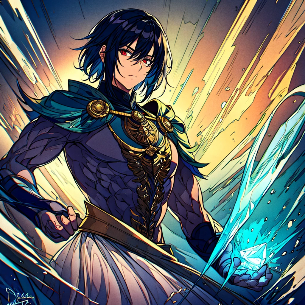 a male mage with short black messy hair, manipulating crystals while standing with his back to the viewer, muscular physique, detailed facial features, intricate crystal magic, fantasy environment, cinematic lighting, dramatic atmosphere, vivid colors, photorealistic