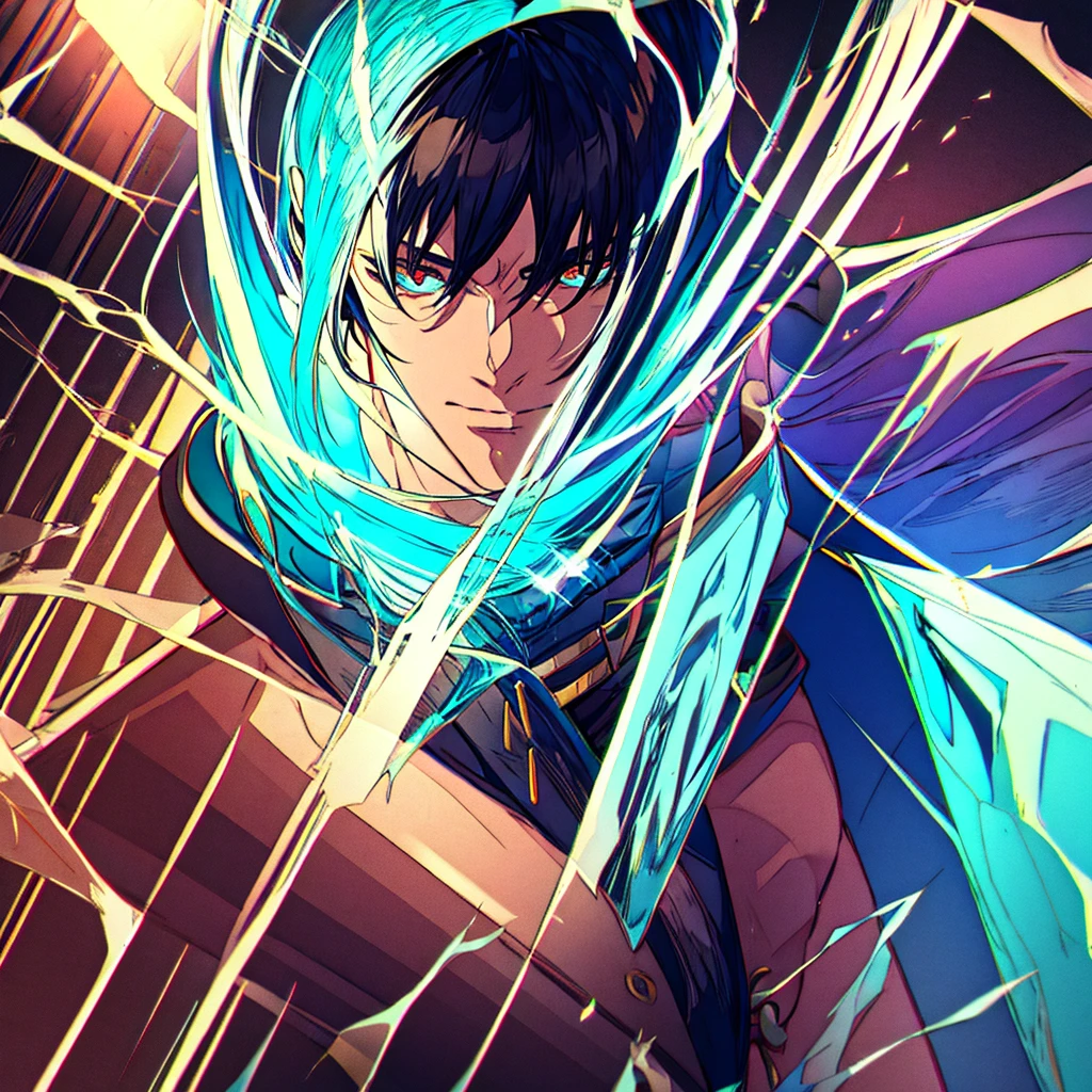 a male mage with short black messy hair, manipulating crystals while standing with his back to the viewer, muscular physique, detailed facial features, intricate crystal magic, fantasy environment, cinematic lighting, dramatic atmosphere, vivid colors, photorealistic