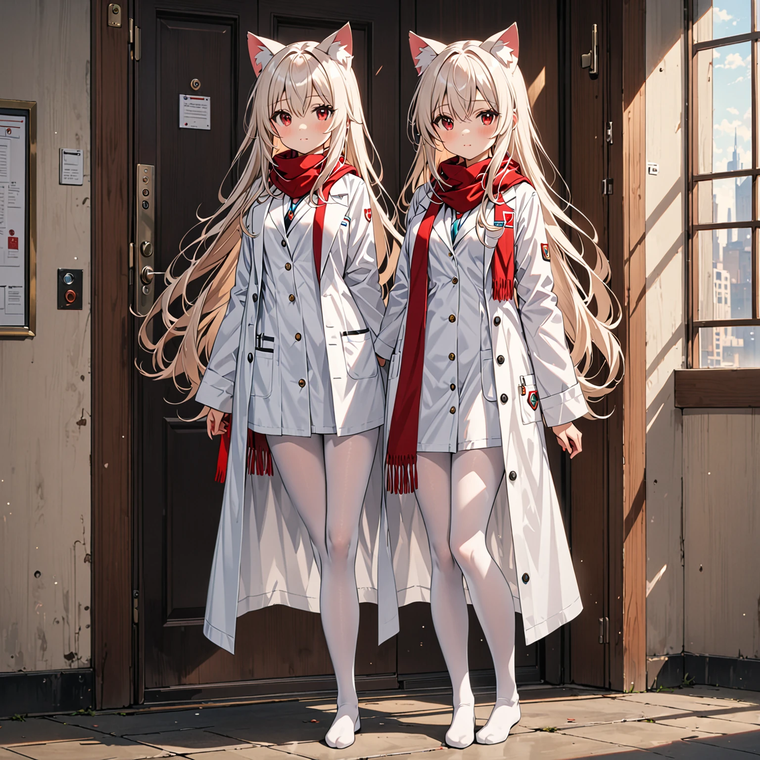 masterpiece, highest quality, highest resolution, clear_image, detailed details, White hair, long hair, cat ears, 1 girl, red eyes, white lab coat, white pantyhose, white scarf (around the neck), cute, full body, no water marks