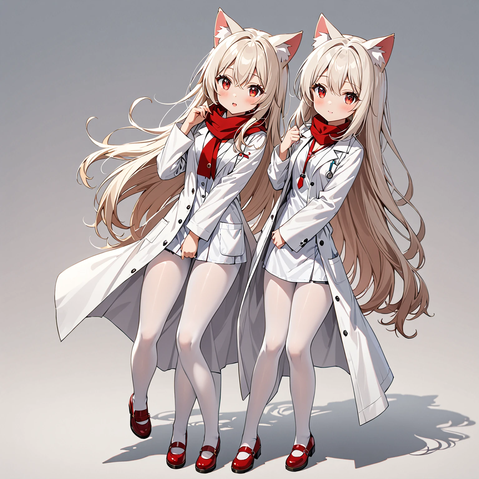 masterpiece, highest quality, highest resolution, clear_image, detailed details, White hair, long hair, cat ears, 1 girl, red eyes, white lab coat, white pantyhose, white scarf (around the neck), cute, full body, no water marks