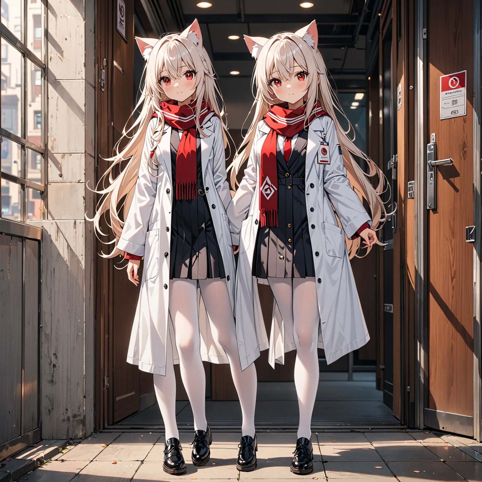 masterpiece, highest quality, highest resolution, clear_image, detailed details, White hair, long hair, cat ears, 1 girl, red eyes, white lab coat, white pantyhose, white scarf (around the neck), cute, full body, no water marks