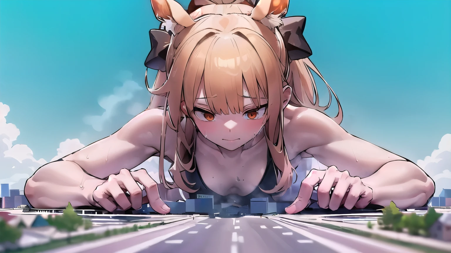 giantess,1 raparig,Woman rolling a roller, push ups,((put your hands on the ground), On all fours, Exercising,,(Small breasts), character standing on a mountain top next to a city, Super huge high school girl bigger than a city, Trying to crush a miniature metropolis, ((destroyed city)), Wearing white sportswear that shows, Wear black yoga pants underneath, navel, Long legs, Tightens abs, No chest leakage, crash city, tiny city, micro city, skinny pants, gym room, big assa, city, Sweat, Falling sweat, giga giantess, huge craters, ravines, cracks in the ground, earthquak, blue sky, City, Background on the street, (((The Girl Who Crushes the City))), blemishine_arknights ,White Hair, Orange Eyes, Sweat, first-person view, first-person view, anime, best quality, masterpiece, highres,Cleavage-revealing sportswear,Knees on the ground,Prone,Upper body on the ground,