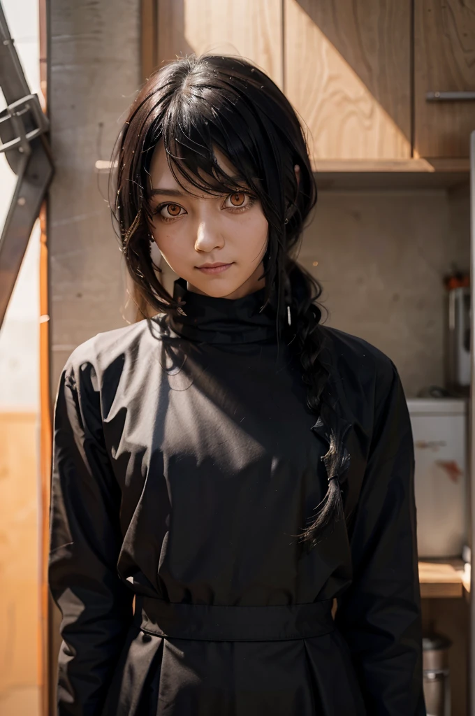 1 girl, solo, Nayuta (chainsaw man), black hair, x hair ornament, long hair, hair ornament, orange eyes, looking at viewer, long sleeves, dress, uniform, smile, ribbon hair, closed mouth, shirt black, hair between eyes, traditional media, giving half a finger