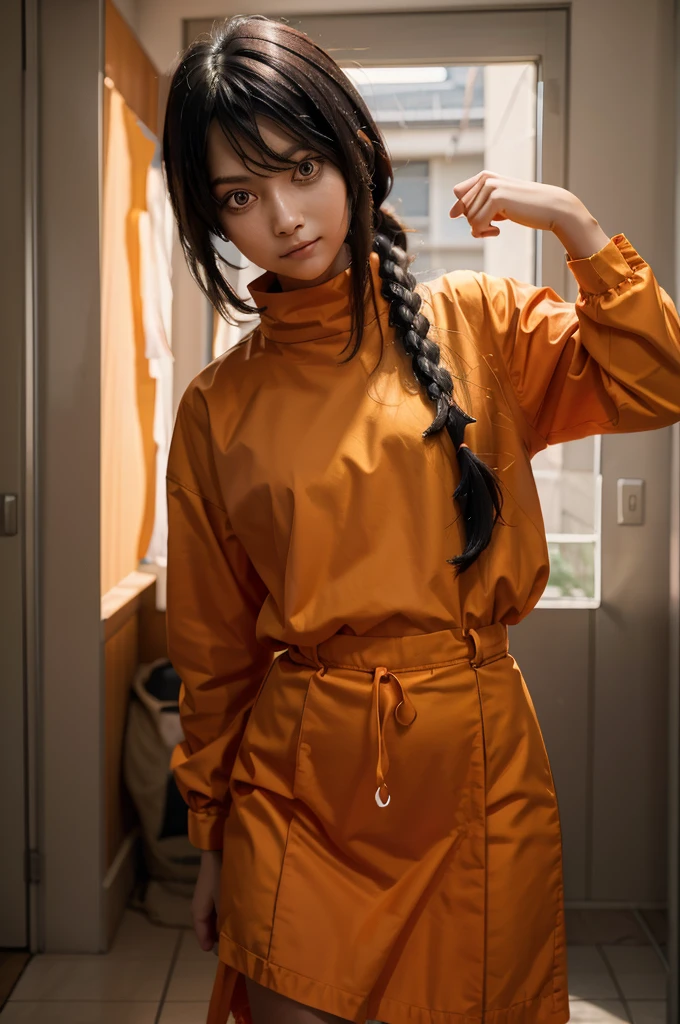 1 girl, solo, Nayuta (chainsaw man), black hair, x hair ornament, long hair, hair ornament, orange eyes, looking at viewer, long sleeves, dress, uniform, smile, ribbon hair, closed mouth, shirt black, hair between eyes, traditional media, giving half a finger