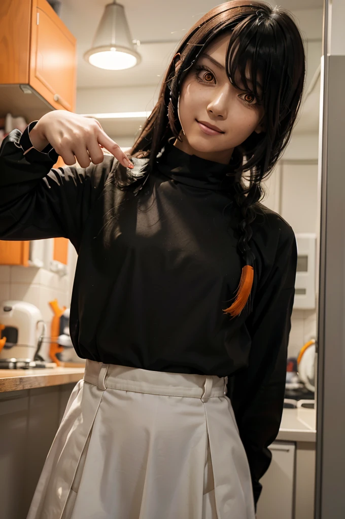 1 girl, solo, Nayuta (chainsaw man), black hair, x hair ornament, long hair, hair ornament, orange eyes, looking at viewer, long sleeves, dress, uniform, smile, ribbon hair, closed mouth, shirt black, hair between eyes, traditional media, giving half a finger