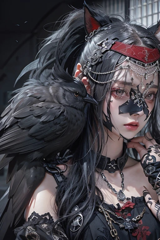 Highest quality、8K、masterpiece:1.3、Gothic Punk、The inner is red、Gray Black Hair、hair ornaments、beautiful girl、creative、Dark Fantasy Style、Neogoth、Goth Fashion:1.2、High resolution、masterpiece、Highest quality、頭w:1.3、((Hasselblad Photos))、Fine skin、Sharp focus、(Cinema Lighting)、Realistic textured hair, Black crow on the shoulder