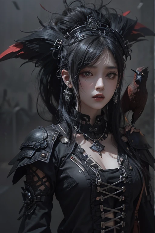 Highest quality、8K、masterpiece:1.3、Gothic Punk、The inner is red、Gray Black Hair、hair ornaments、beautiful girl、creative、Dark Fantasy Style、Neogoth、Goth Fashion:1.2、High resolution、masterpiece、Highest quality、頭w:1.3、((Hasselblad Photos))、Fine skin、Sharp focus、(Cinema Lighting)、Realistic textured hair, Black crow on the shoulder
