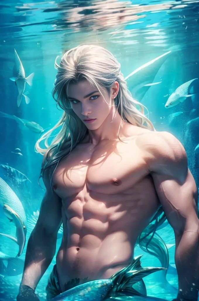 ((Best quality)), ((masterpiece)), 8k (detailed), ((perfect face)) ((halfbody)), perfect proporcions, He is a beautiful merman, he is 18 years old, he has very long silver hair, he has bare chest and arms, he has a fish tail, he has a mermaid tail, he has a shark tail, he has a crown on his head, mermaid ears, white skin, he is in an aquarium with fish ((perfect face)) ((magin ambience)) sexy male