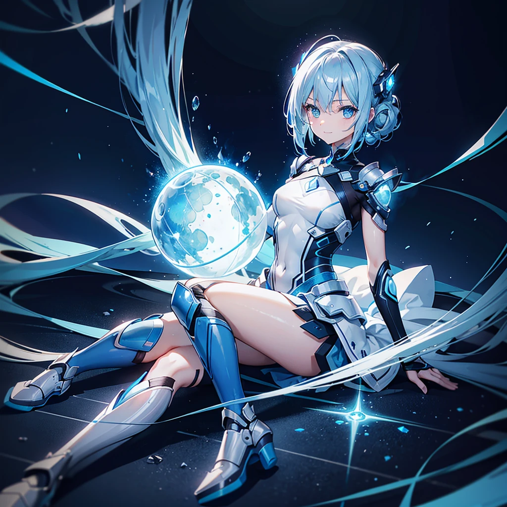 8K, Highest quality, (real:1.4), Original photo, 1 girl, Asari Hair, Biological Amplifier, Very sleek and futuristic armor, posture: Peace talks between warring factions,,attention arousal, smart blue eyes,A modest smile,Knee-high boots,Patent-look blue tights,Blue big moon and blue light swirl in the background,Blue light from behind,blue light magic,A small, glowing blue ball in the palm of your hand,Blue flame swirl,Blue Comet,Polished floor,