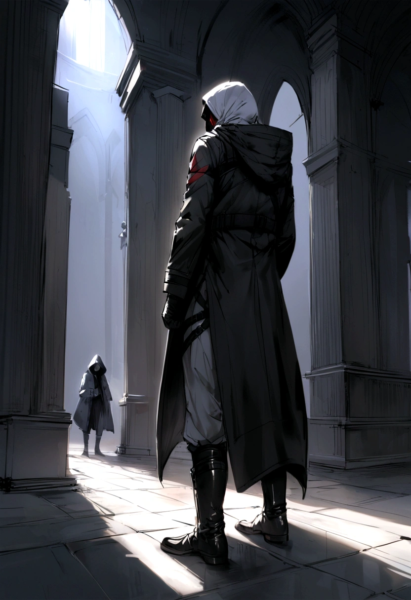white lop-eared rabbit guy, Eternal smile,thin build, sinewy, elongated,with red markings,dressed in black camouflage, his hood completely covered his face, so there was no darkness, only the irises of the eyes glowed, the jacket was short, white t-shirt, the trousers had straps with a pair of straps and were in an X shape. soldier's knee - high boots
