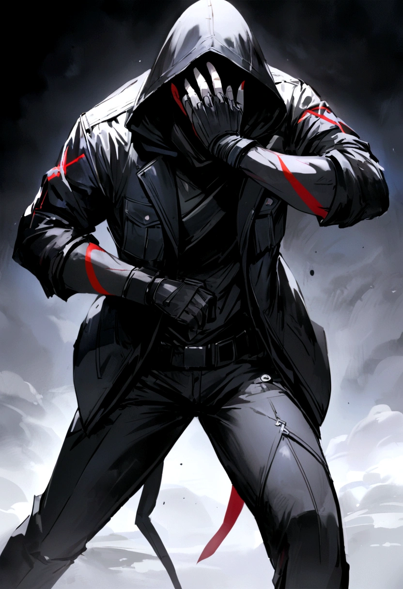white lop-eared rabbit guy, Eternal smile,thin build, sinewy, elongated,with red markings,dressed in black camouflage, his hood completely covered his face, so there was no darkness, only the irises of the eyes glowed, the jacket was short, white t-shirt, the trousers had straps with a pair of straps and were in an X shape. soldier's knee - high boots