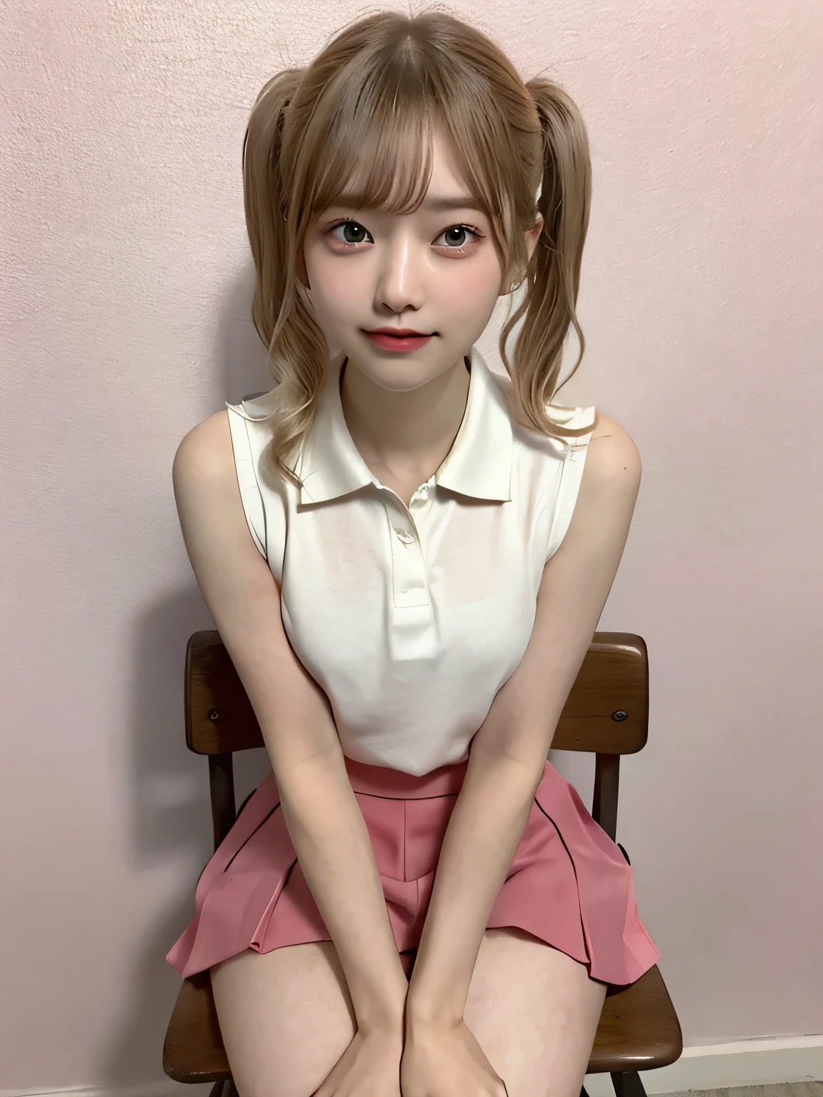 One person、11 years old、Full body photo,slender、woman、White drool coming out of the mouth、smile、、Twin tails、 Fair skin, messy hair, super cute、Soft and Face、8K resolution、Surreal、Ultra high definition、 A-cup small breasts((Highest resolution、8K、masterpiece:1.3))、Ultra-fine face、Ultra Fine Lips、Beautiful Eyes、double eyelid,Pink wall、Sleeveless red polo shirt、White Skirt、Thighs、thin,Thighsが見える、Shapely small breasts、sexy、So cute!