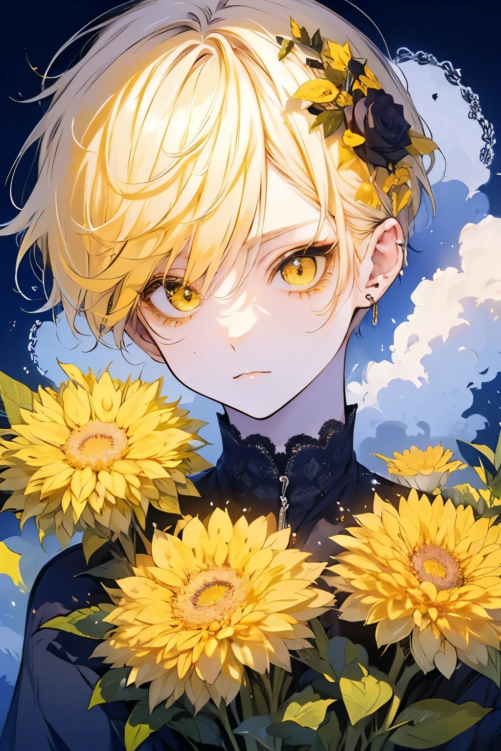 (Mastepiece), (Best Quality), Very detailed, 1 boy, Solo Shooting, Perfect Face, Beautiful Face, Very detailedな顔,(Yellow Hair:1.3),(short hair:1.4)、(Big eyes:1.4),(Long eyelashes:1.4)、(Yellow Eyes:1.3)、Black clothes、Lots of flowers、petal