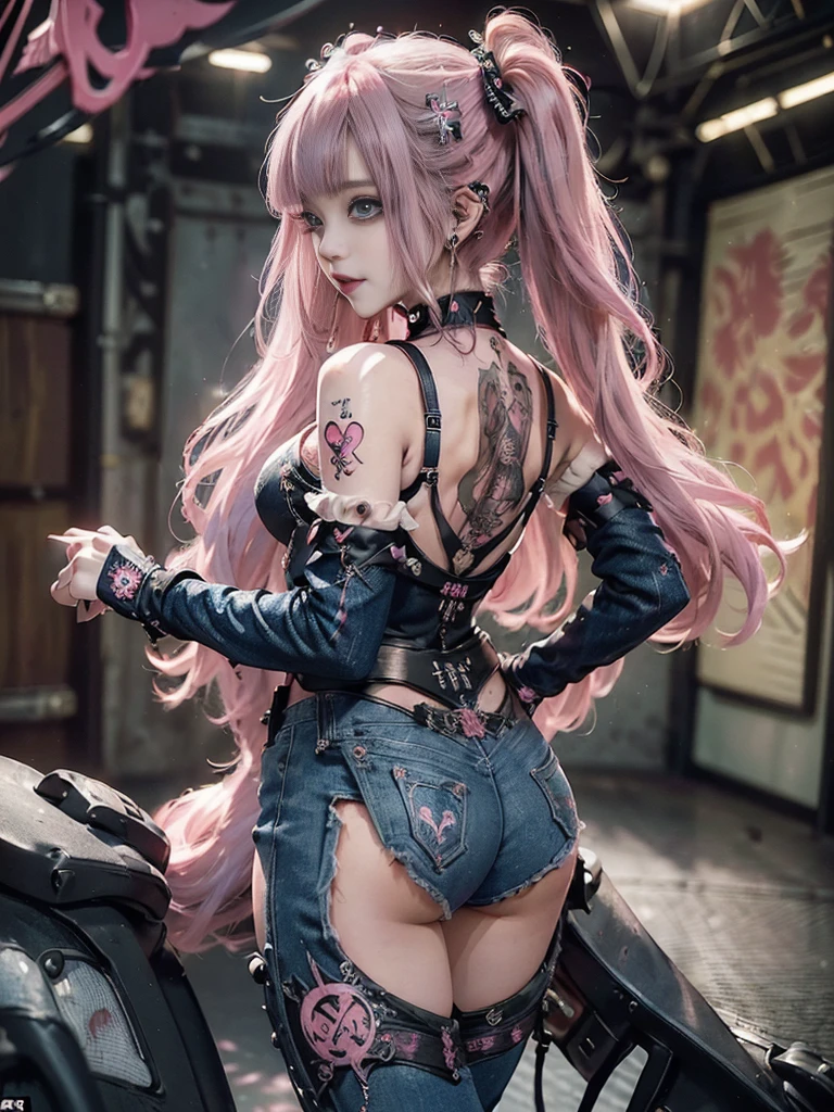 (Full Body View:1.4)、(Back view:1.4)、(Smiling with teeth showing:1.3),(Shibuya Gal:1.5)、(Gothic ta style fashion:1.5)、(Punk RockVisual Kei:1.5)、(Wearing a rhythmic gymnastics bodysuit with intricate details:1.4)、(Racing suit and pants with intricate decorations in magenta, denim and wine red:1.5)、(Red, brown and white boots:1.3)、((belt))、(Numerous delicate logo marks all over the costume:1.4)、(collar:1.3)、(Striped underwear:1.5)、20-year-old、NSFW、((Highest quality、In 8K、masterpiece:1.3))、Sharp focus:1.2、(Layered Cut、Huge boobs:1.1),Beautiful woman with perfect figure:1.4、(Dancing vigorously:1.3)、Slender Abs:1.2、Highly detailed face and skin texture、Detailed eyes、double eyelid,(Twin tails:1.3)、(Pink and cream hair:1.3)、Gravure idol、(The background is the stage of the fashion show:1.3)、(Slim body:1.3),(Make your legs thinner:1.4),(clavicle:1.1)、(Thin and slim thighs:1.3)