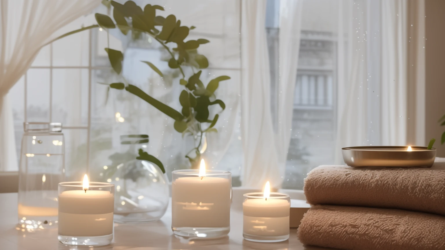 Il y a des bougies et des serviettes sur la table près de la fenêtre, Détails atmosphériques et magnifiques, séance beauté, se détendreing atmosphere, atmosphère confortable et paisible, auteur:Dier Damelaw, environnement luxueux, environnement luxuriant, environnement détaillé, Beau paysage, se détendre, Ambiance sublime et confortable, lumière du matin, se détendreing environment, paysage luxuriant, Thomas Hafner, vignette