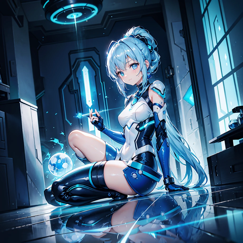 8K, Highest quality, (real:1.4), Original photo, 1 girl, Asari Hair, Biological Amplifier, Very sleek and futuristic armor, posture: Peace talks between warring factions,,attention arousal, smart blue eyes,A modest smile,Knee-high boots,Patent-look blue tights,Blue big moon and blue light swirl in the background,Blue light from behind,blue light magic,A small, glowing blue ball in the palm of your hand,Blue flame swirl,Blue Comet,Polished floor,