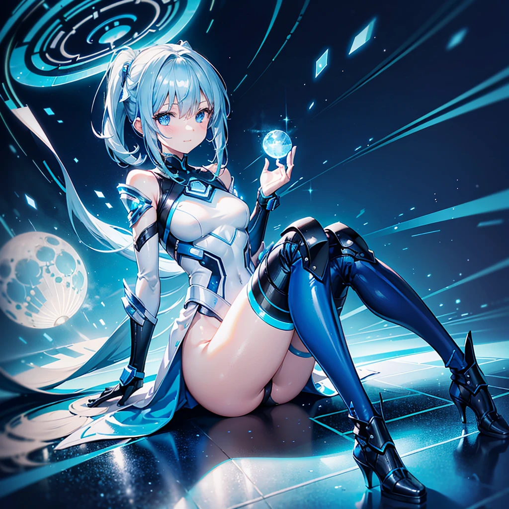 8K, Highest quality, (real:1.4), Original photo, 1 girl, Asari Hair, Biological Amplifier, Very sleek and futuristic armor, posture: Peace talks between warring factions,,attention arousal, smart blue eyes,A modest smile,Knee-high boots,Patent-look blue tights,Blue big moon and blue light swirl in the background,Blue light from behind,blue light magic,A small, glowing blue ball in the palm of your hand,Blue flame swirl,Blue Comet,Polished floor,