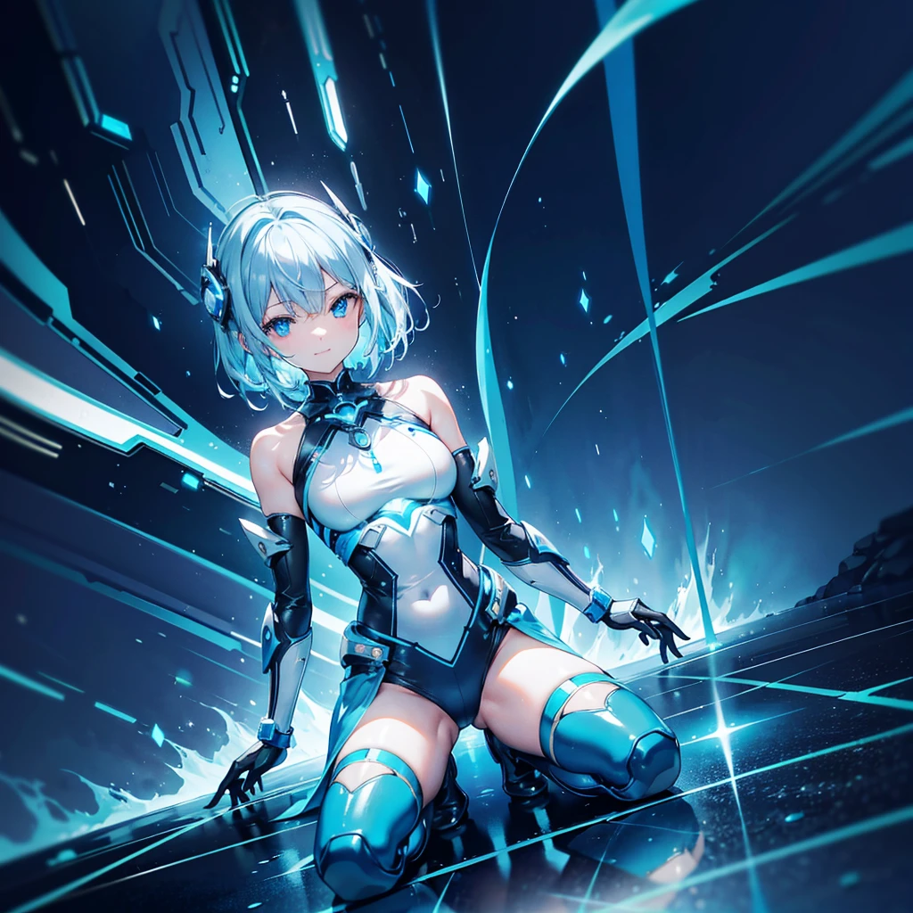 8K, Highest quality, (real:1.4), Original photo, 1 girl, Asari Hair, Biological Amplifier, Very sleek and futuristic armor, posture: Peace talks between warring factions,,attention arousal, smart blue eyes,A modest smile,Knee-high boots,Patent-look blue tights,Blue big moon and blue light swirl in the background,Blue light from behind,blue light magic,A small, glowing blue ball in the palm of your hand,Blue flame swirl,Blue Comet,Polished floor,