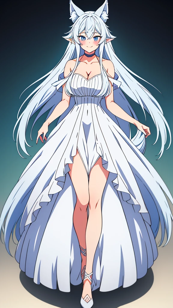 lvl2kara, Fenrys, Fenrisu, long hair, silver hair, light blush, smile, wolf girl, starrystarscloudcolorful, full body, adult, FenrysLv2, grey hair, very long hair, blue eyes, wolf ears, pointy ears, choker, white dress, bare shoulders, black ribbon, cleavage, strap slip