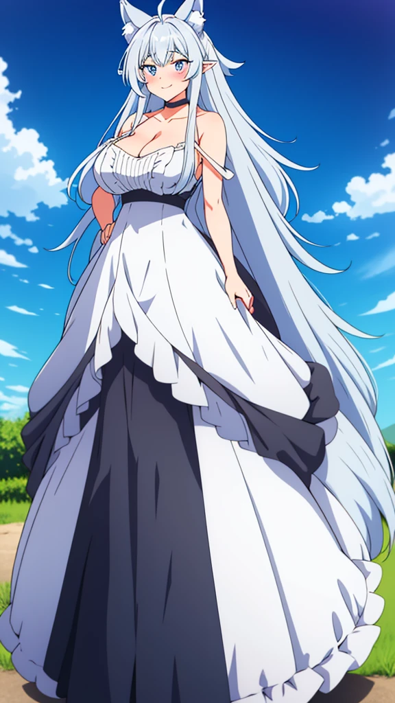 lvl2kara, Fenrys, Fenrisu, long hair, silver hair, light blush, smile, wolf girl, starrystarscloudcolorful, full body, adult, FenrysLv2, grey hair, very long hair, blue eyes, wolf ears, pointy ears, choker, white dress, bare shoulders, black ribbon, cleavage, strap slip