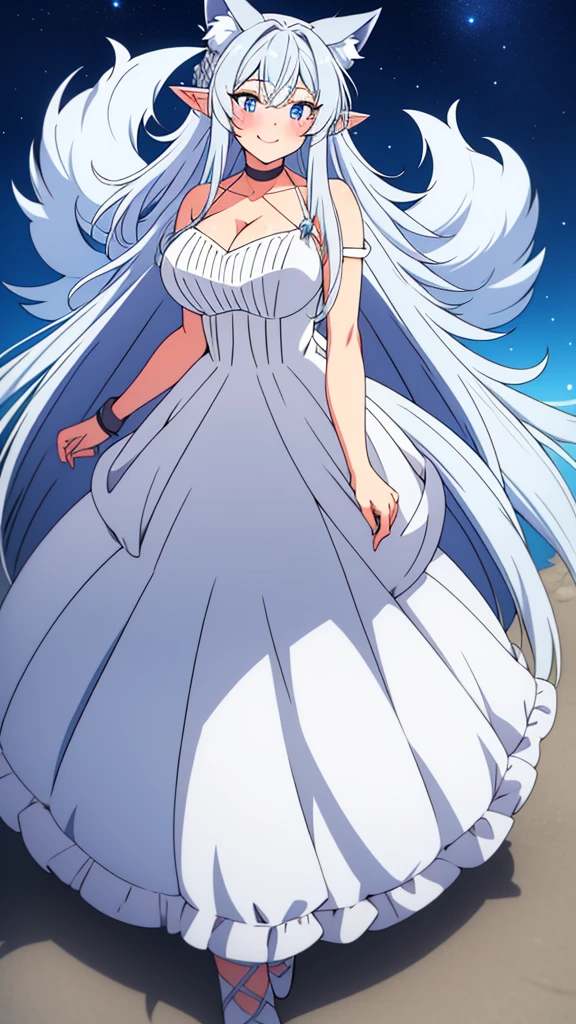 lvl2kara, Fenrys, Fenrisu, long hair, silver hair, light blush, smile, wolf girl, starrystarscloudcolorful, full body, adult, FenrysLv2, grey hair, very long hair, blue eyes, wolf ears, pointy ears, choker, white dress, bare shoulders, black ribbon, cleavage, strap slip