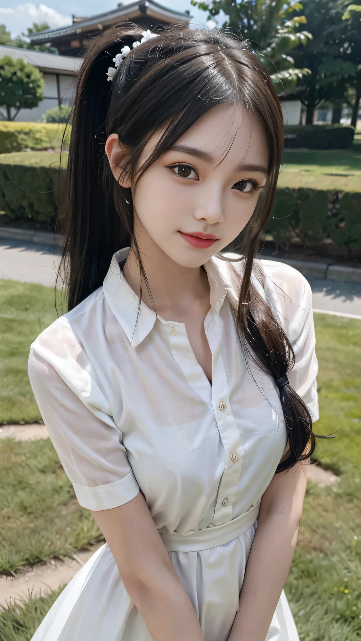 collared dress,european city park,On the lawn,One woman,masutepiece, The highest image quality, High quality, the background is clear,Beautiful woman, Japanese,Ultra-detailed, finely detail, hight resolution, 8K Wallpaper, Perfect dynamic composition, Beautiful detailed eyes , Detailed, Detailed eyes, Detailed skin, Beautiful skin, 超hight resolution, (reality: 1.4),Very beautiful woman, Slightly younger face, Beautiful skin, slender, (Ultra photo realsisim), (hight resolution), (8K), (Very detailed) (beautifully detailed eyes), (super detailed), (Detailed face), view the viewer, Fine details, Detailed face, Staring straight ahead, Staring straight ahead, photos realistic, Bright lighting, Professional Lighting, Black hair,poneyTail,a baby face,sixteen years old,Hairstyle: ponytail,Long ponytail hairstyle,slight smile,neat and tidy clothing,Beautiful Japanese KPOP idol photo, hair style is ponytail, my eyes are double and wide, baby face, smile and look straight ahead, slender, small breasts,Close up face,