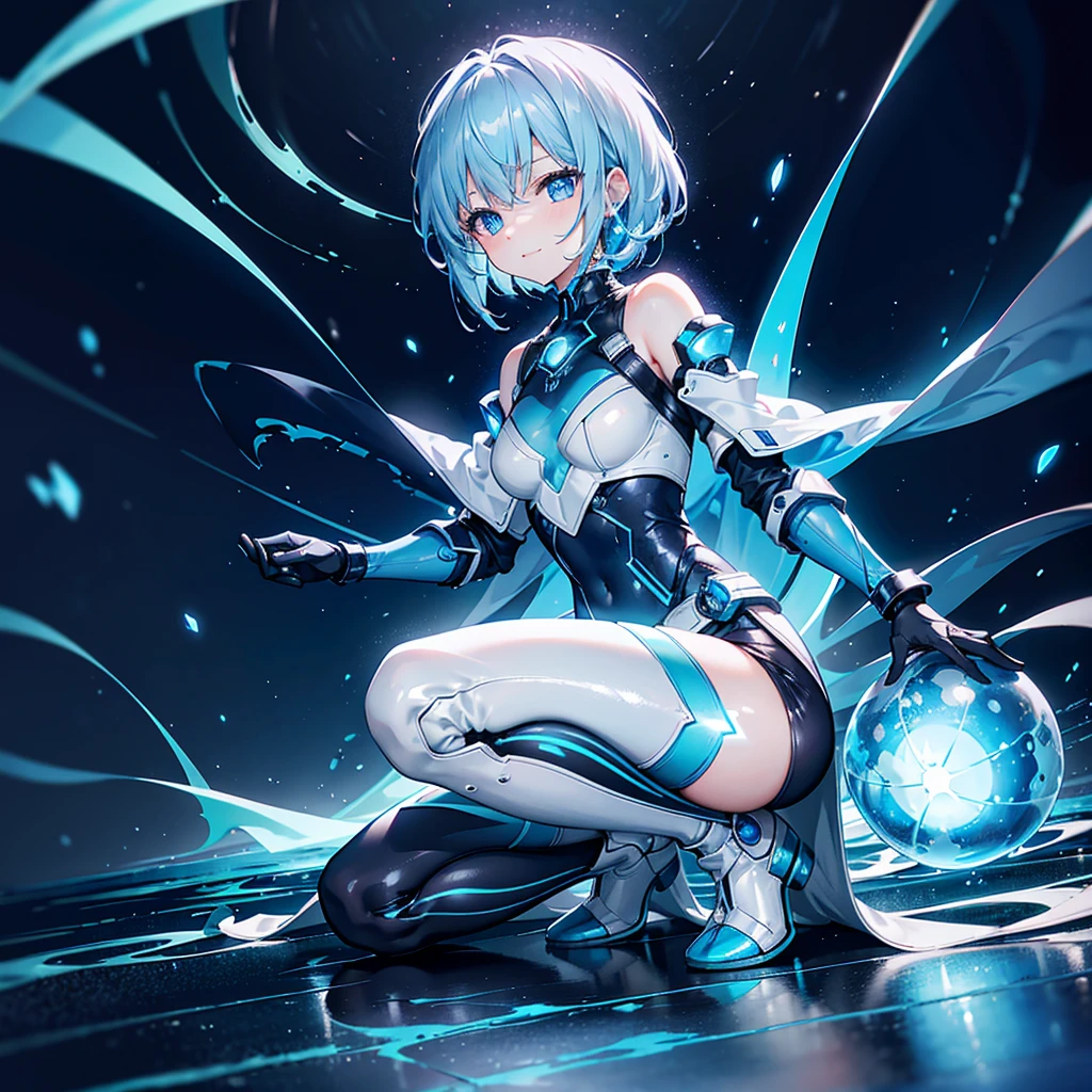 8K, Highest quality, (real:1.4), Original photo, 1 girl, Asari Hair, Biological Amplifier, Very sleek and futuristic armor, posture: Peace talks between warring factions,,attention arousal, smart blue eyes,A modest smile,Knee-high boots,Patent-look blue tights,Blue big moon and blue light swirl in the background,Blue light from behind,blue light magic,A small, glowing blue ball in the palm of your hand,Blue flame swirl,Blue Comet,Polished floor,