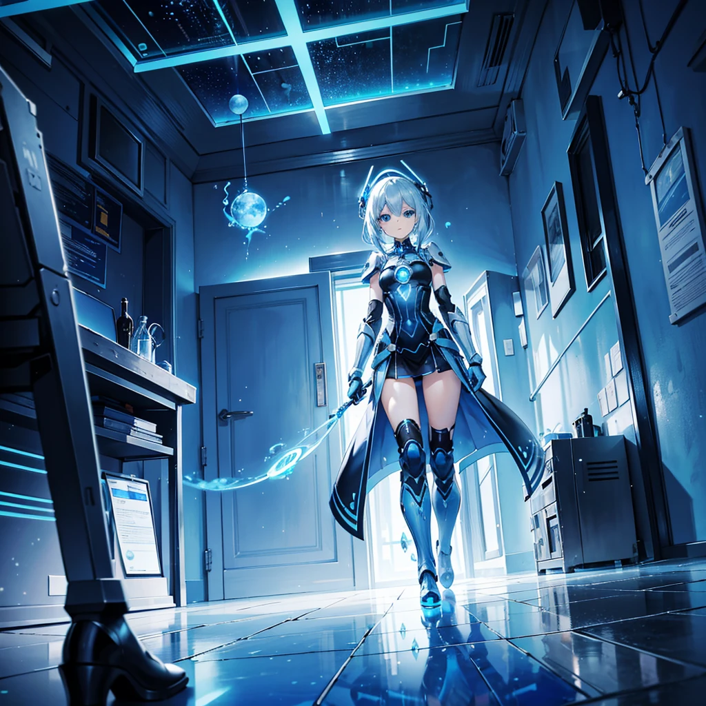 8K, Highest quality, (real:1.4), Original photo, 1 girl, Asari Hair, Biological Amplifier, Very sleek and futuristic armor, posture: Peace talks between warring factions,,attention arousal, smart blue eyes,A modest smile,Knee-high boots,Patent-look blue tights,Blue big moon and blue light swirl in the background,Blue light from behind,blue light magic,A small, glowing blue ball in the palm of your hand,Blue flame swirl,Blue Comet,Polished floor,